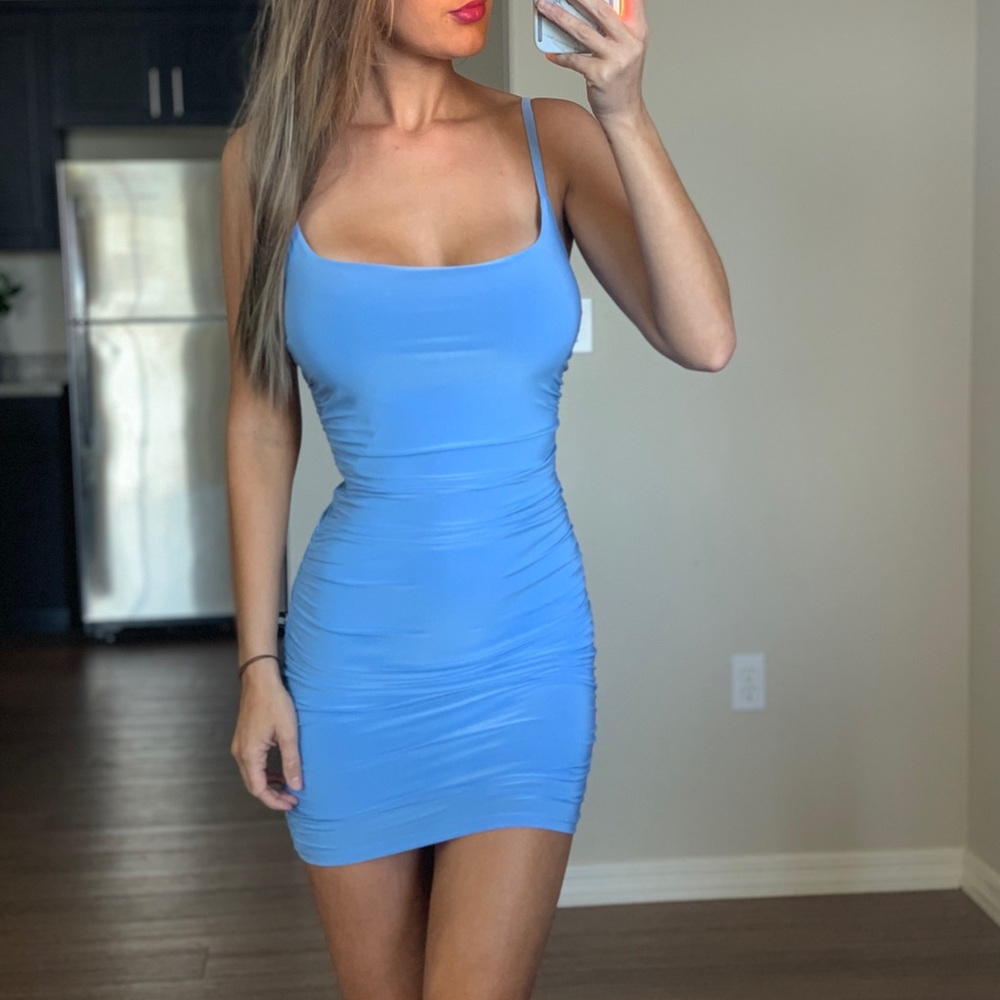 -New Bright Neon Light Blue Silky Tank Dress-